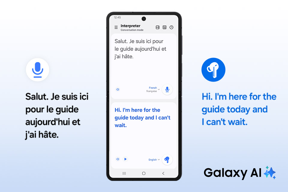 Słuchawki bezprzewodowe Samsung Galaxy Buds3 FE szare grafika przedstawia możliwości tłumacza Galaxy AI